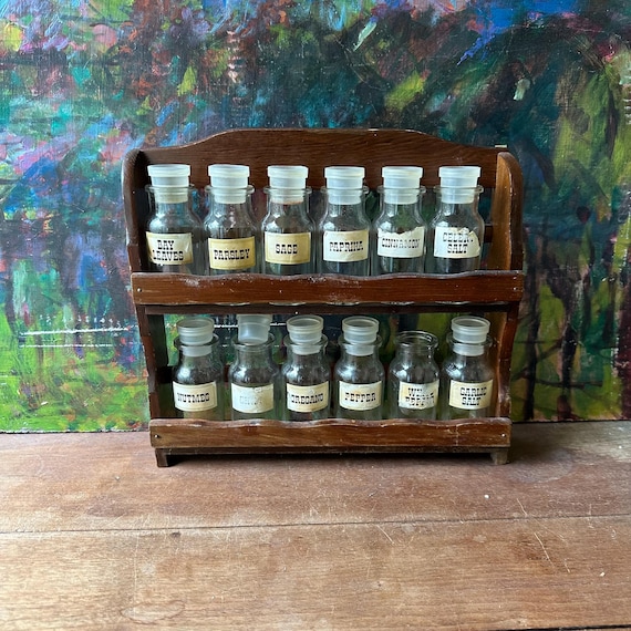 Wood Spice Rack with 12 Labeled Glass Spice Jars Vintage