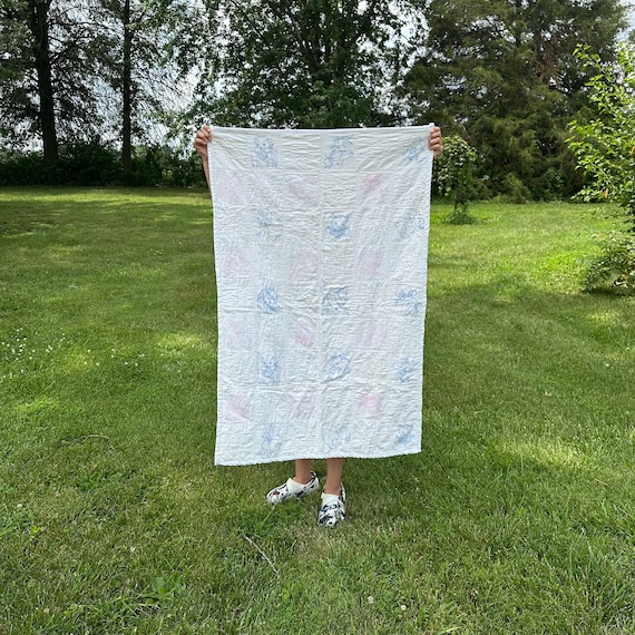 Blue & Pink Animals Embroidered Baby Blanket Quilt Vintage Midcentury