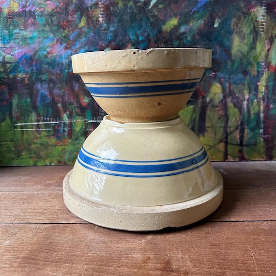 Hull Yellow Ware Blue Band Mixing Bowl Set Vintage Crock Bowls 421 B