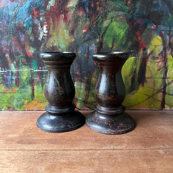 Dark Metal Potbelly Style Candlesticks