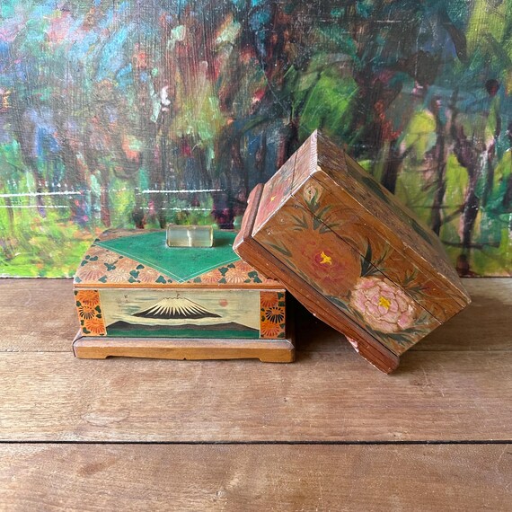 Set of 2 Wood Handpainted Japanese Folk Art Boxes
