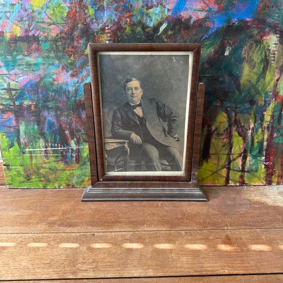 Brown Wood Swing Frame w/ Vintage Black & White Portrait Photograph