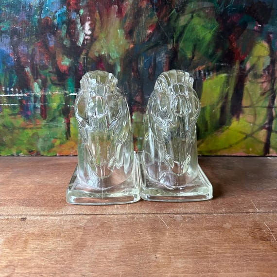 Clear Glass Horse Head Bookends Vintage