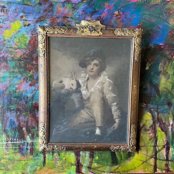 Antique Framed Lithograph Boy and Rabbit by Henry Raeburn