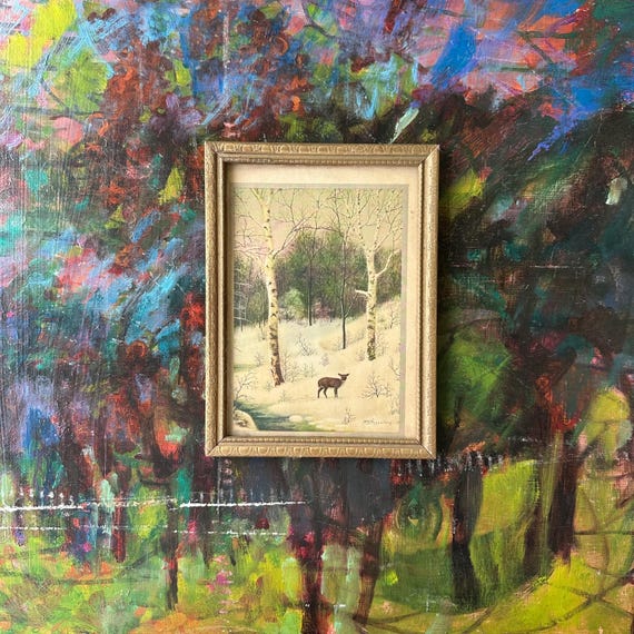 Framed Deer in the Winter Woods Print Vintage A.A. Auguston