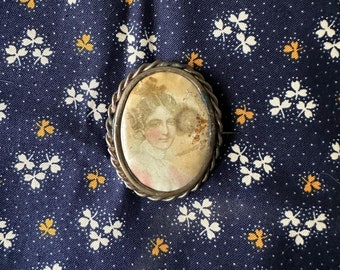 Celluloid Photo Brooch Vintage Possibly Antique Brass Pin w/ Portrait of a Lady