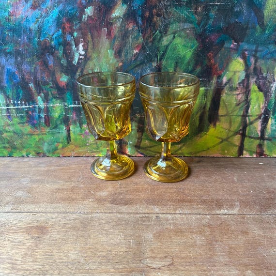 Vintage Set of 2 Amber Glass Goblets