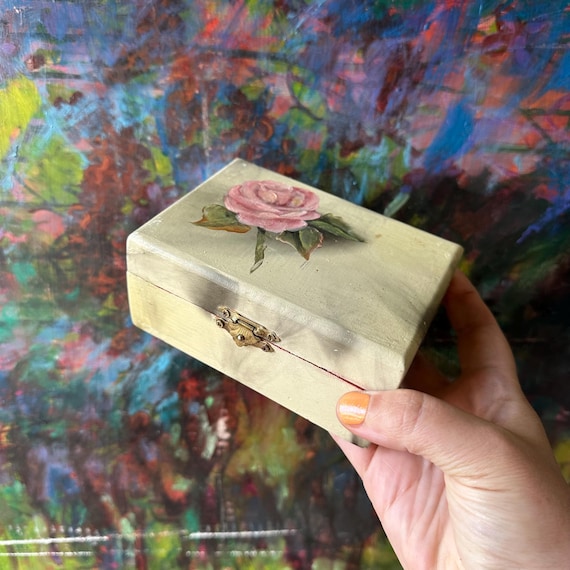 Hand Painted Wood Trinket Box Vintage Rose