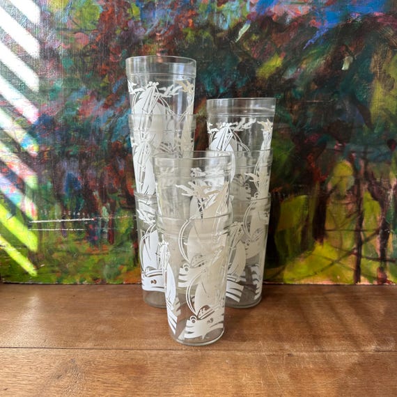 Hazel Atlas Clear Glass White Sailboat Set of 8 Drinking Glasses