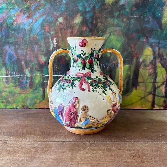 Italian Majolica Style Amphora Vase Vintage Art Pottery