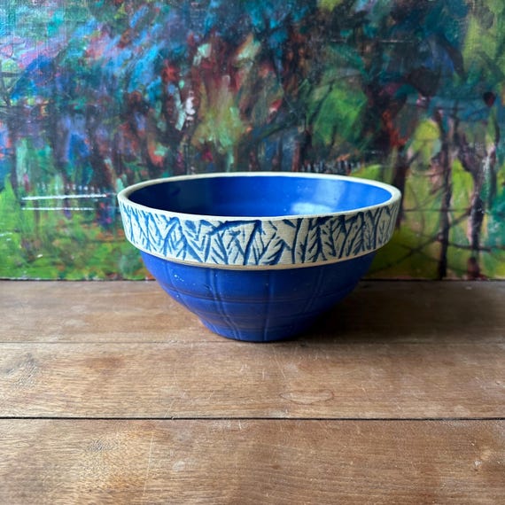 Vintage Clay City Pottery Style Blue Basket Weave 9" Crock Mixing Bowl