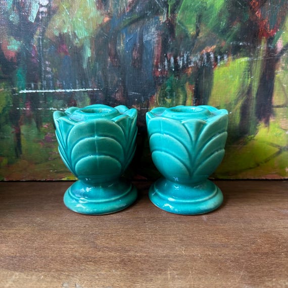 Shawnee Pottery Ceramic Green Leaf / Tulip Candle Holder Set Vintage