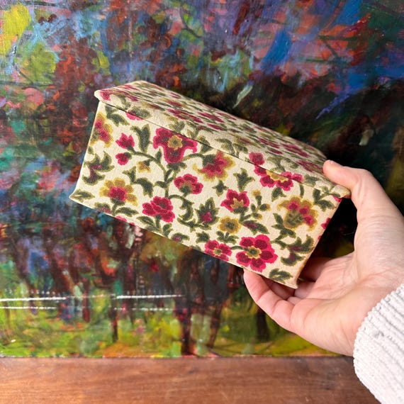 Vintage French Flower Fabric Storage Box with Hinged Lid