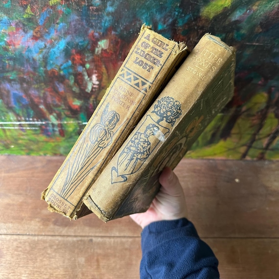 Antique Tan & Gold Book Set Little Foxes by Harriet Beecher Stowe / A Girl of the Limberlost by Gene Stratton Porter