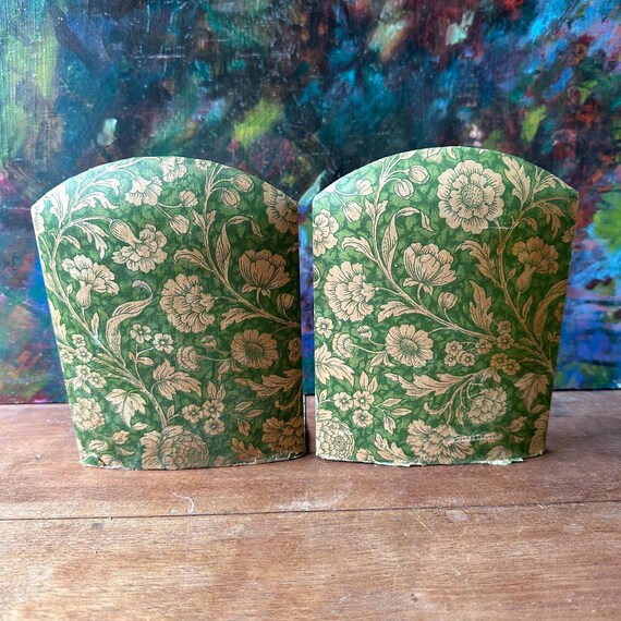 Green Floral Paper Wrapped Bookends Vintage