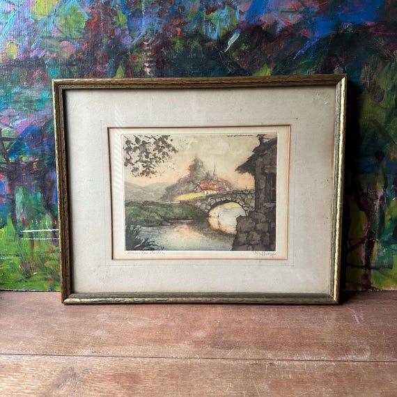 1936 Dans La Vallee Raffray French Church & Village Aquatint Etching