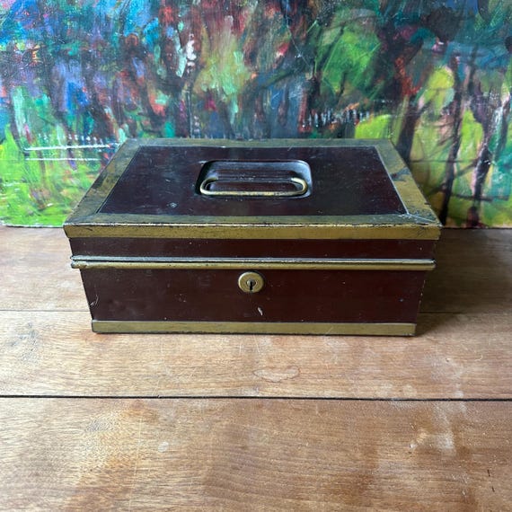 Brown & Gold Tin Cash Box Vintage with Handle