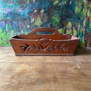 Vintage Carved Wood Cutlery Tray Basket