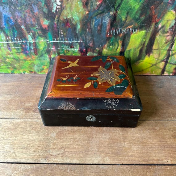 Handpainted Red Black & Gold Lacquer Box Vintage Birds / Flowers
