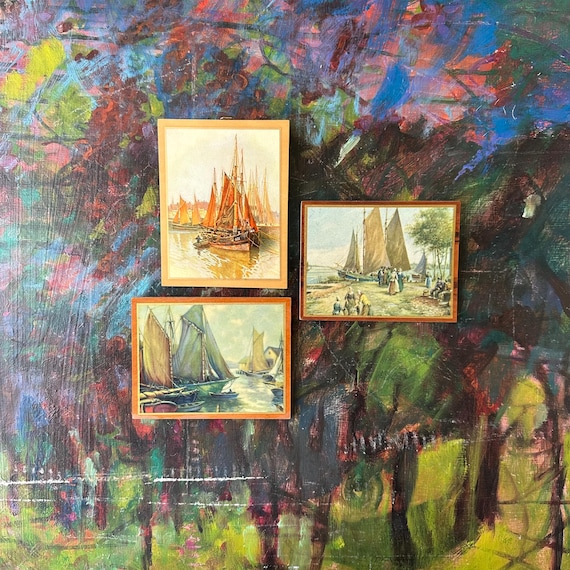 Set of 3 Midcentury Sailboat Prints on Wood