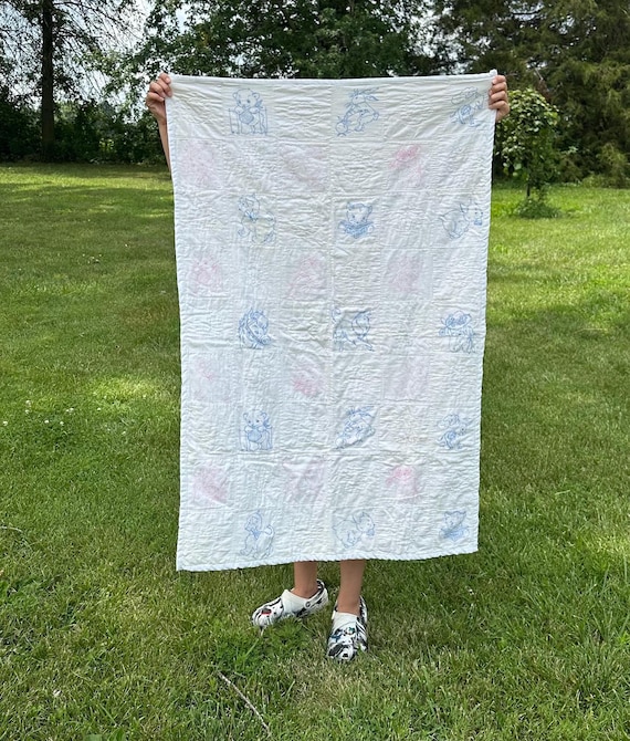 Blue & Pink Animals Embroidered Baby Blanket Quilt Vintage Midcentury