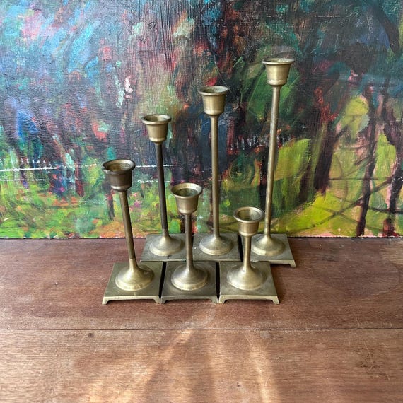 Set of 6 Tapered Brass Candlestick Holders Vintage