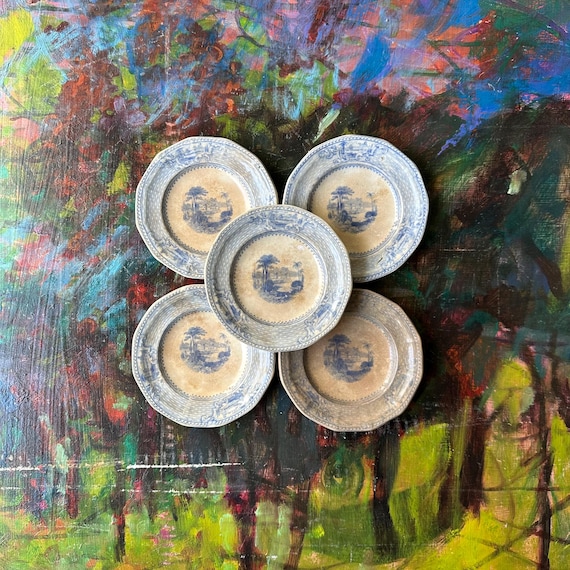 Blue Transferware Ironstone Butter Pats Set