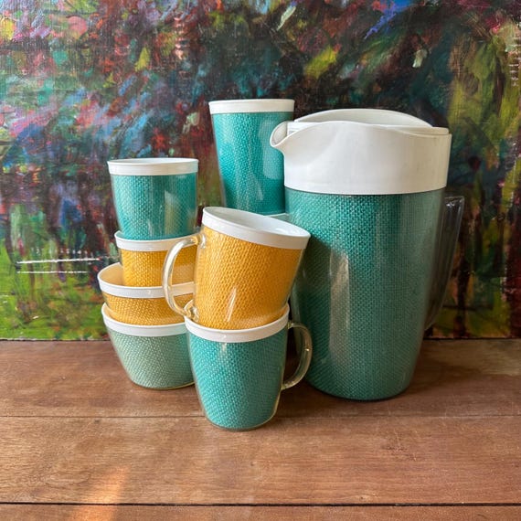 Turquoise & Gold Raffiaware Pitcher Set with Cups, Mugs, and Bowls