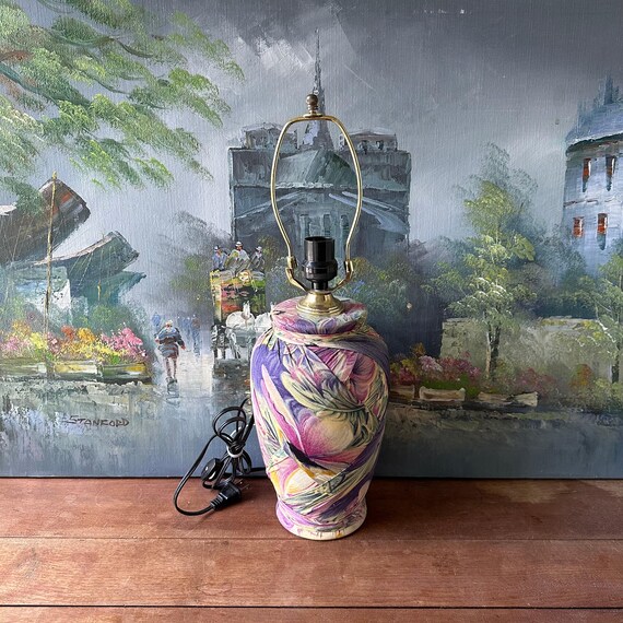 Floral Fabric Wrapped Lamp Base Vintage 1980s Purple / Pink / Green Works!