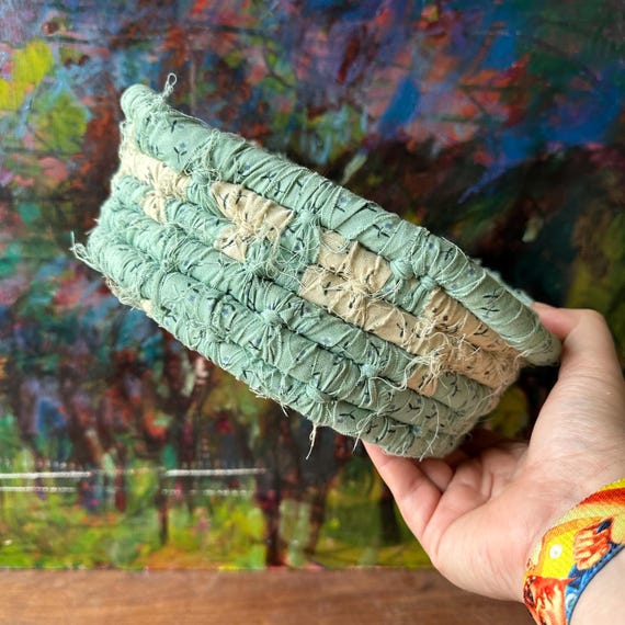 Handmade Vintage Rag Rug Basket Blue with Flowers