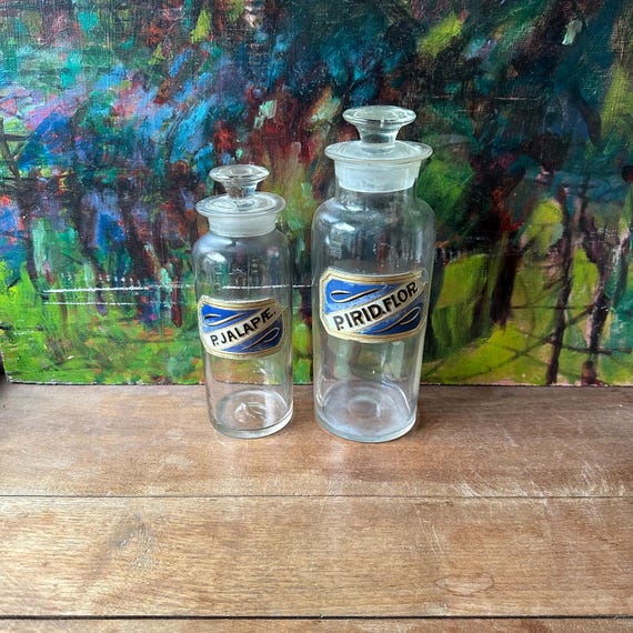 Antique Clear Glass Apothecary Bottle Set - P. Irid. Flor & P. Jalapæ
