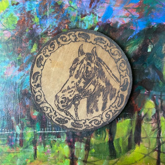 Flemish Art Horse Pyrography Round Wall Plaque Antique 1909