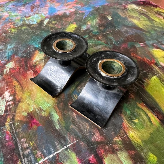 Black Metal & Brass Curved Candlestick Holders