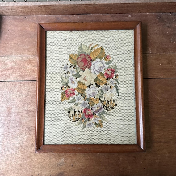 Antique Framed Floral Needlepoint Cross-Stitch