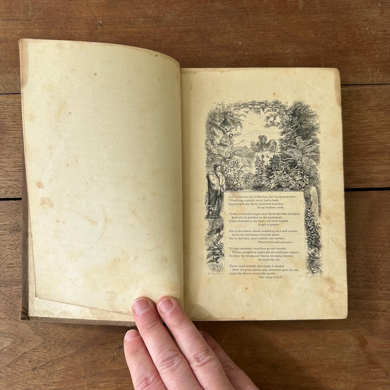 May include: An open antique book with aged, yellowed pages. The right page features an illustrated poem with a detailed border of foliage and figures. The left page is blank. The book is held open by a hand.