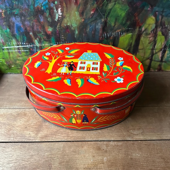Red Biscuit Tin Vintage Folk Art Style Print