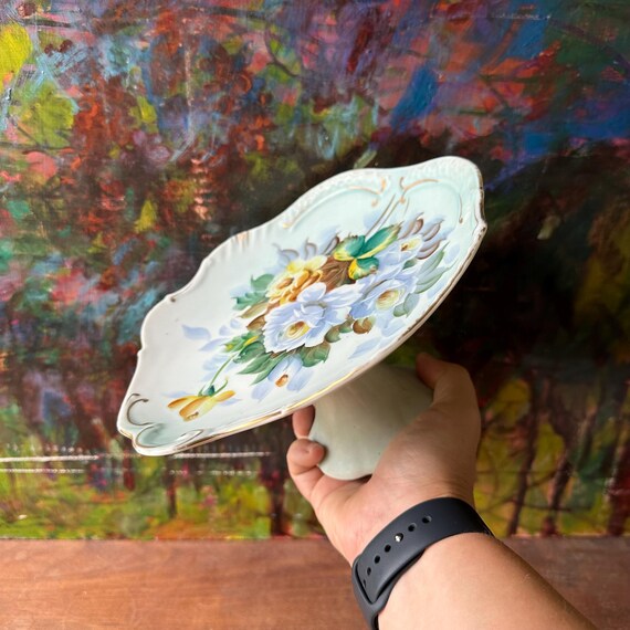 Ceramic Floral Painted Cake Stand Vintage Blue & Yellow Roses 8.25" Diameter