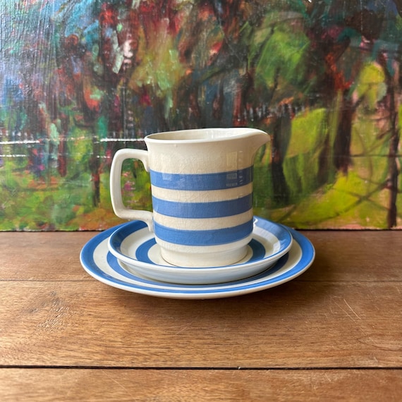 Blue Stripe Carrigaline Pitcher with Cornishware Saucer & Plate Set
