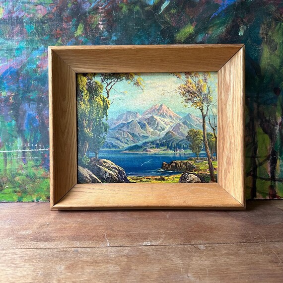 Framed Colorful Mountain and Lake Scene Print Vintage