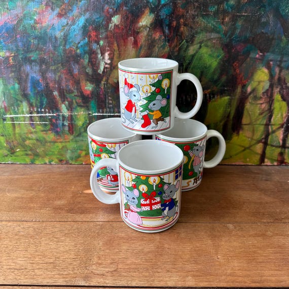 Christmas Mice Ceramic Mugs Set of 4 Made in Japan
