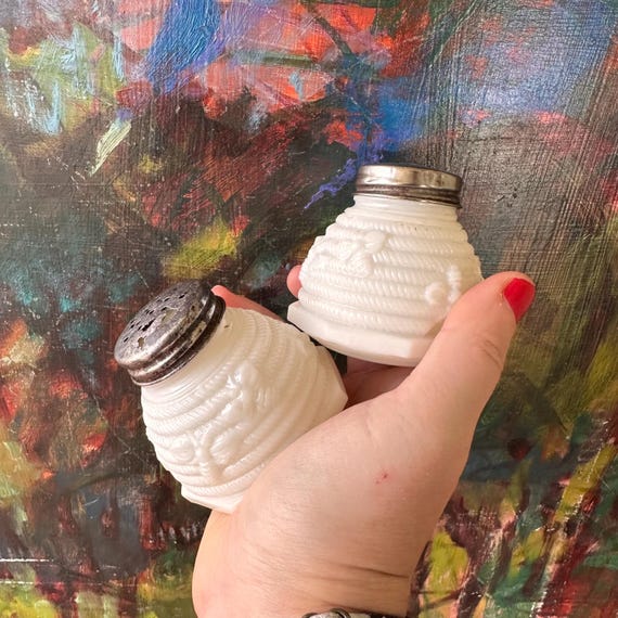 Milk Glass Beehive Shaker Set