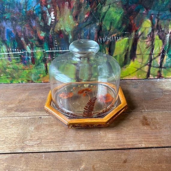 Glass Cheese Dome with Flower Filled Resin Base Vintage