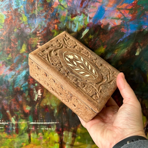 Teak Wood & Ivory Carved Flower Trinket Box