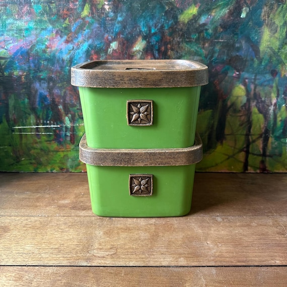 Norplac Avocado Green 2 QT Stacking Kitchen Canister Set w/ Lids Vintage
