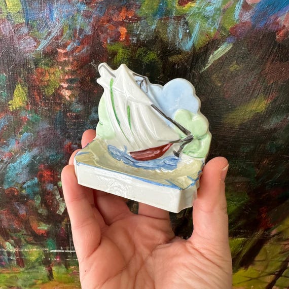 Ceramic Lusterware Sailboat Ashtray