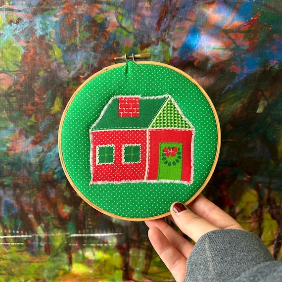 Green and Red Christmas Cottage Embroidered Applique