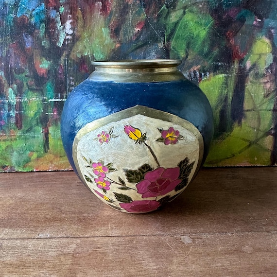 Cloisonne Style Enameled Vase Vintage Blue / Brass