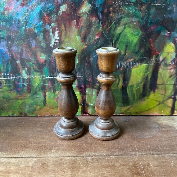 Wood Candlestick Candleholder Set Vintage