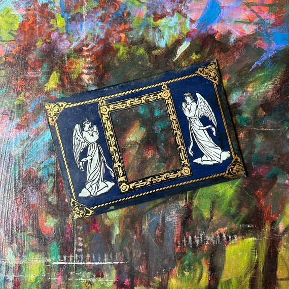 Blue & Gold Glass Faceplate w/ Angels Antique 1904 Altar Scroll Box Piece