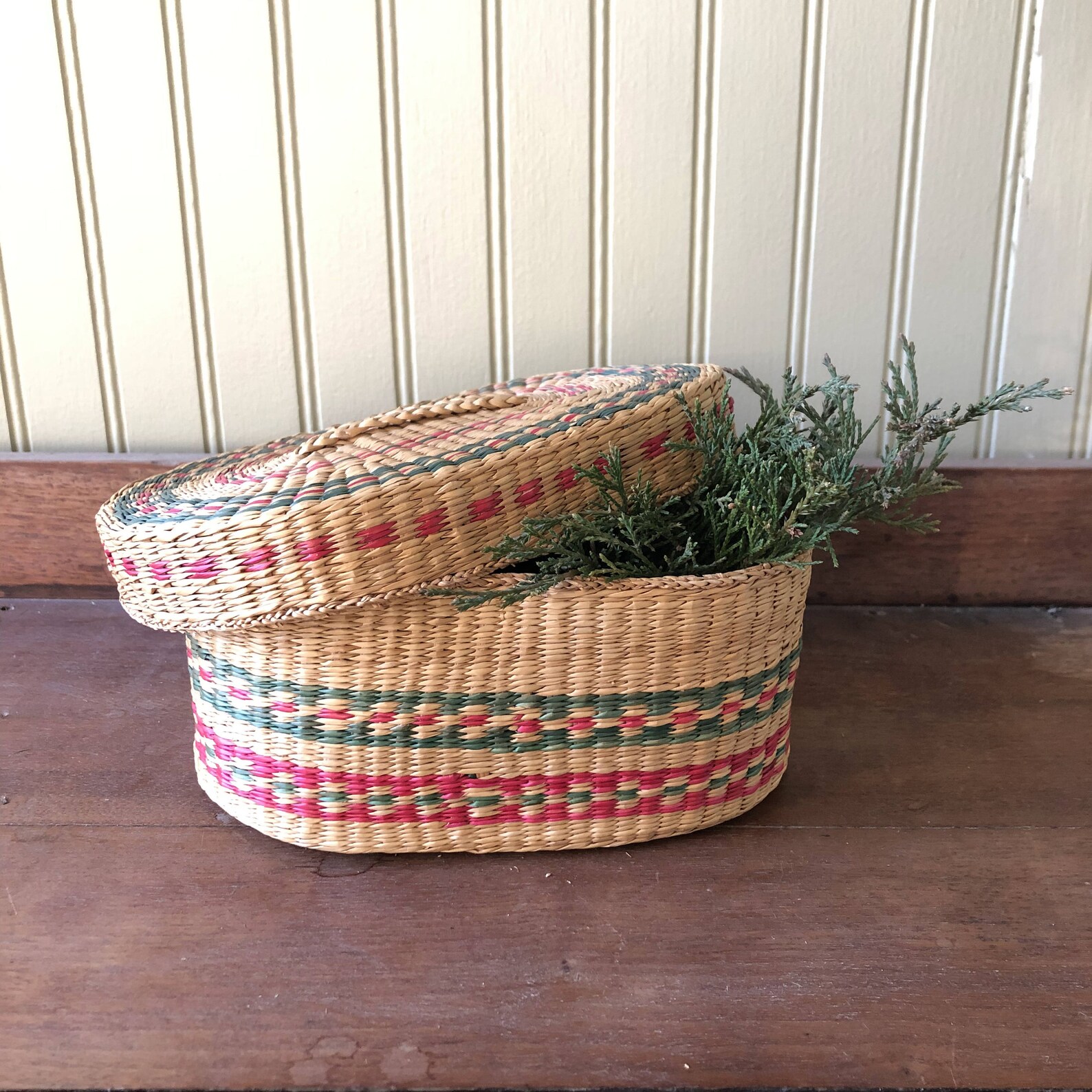 Vintage Woven Sweet Grass Basket with Lid and Handle Red & Etsy